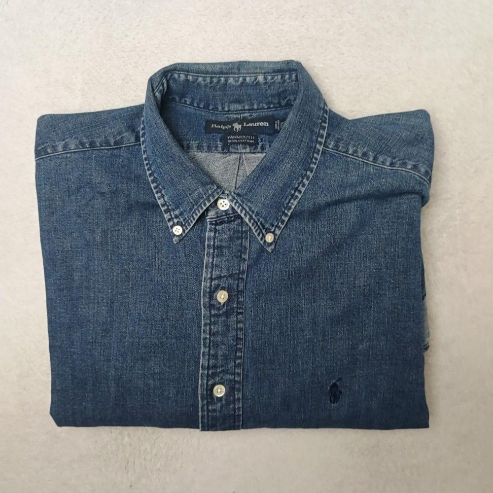 Vintage Ralph Lauren Shirt Mens 17.5 34 35 Blue 90s Denim Button-Up Yarmouth